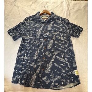 Margaritaville Mens Large Navy Blue Nautical Map Rayon Short Sleeve Button Shirt